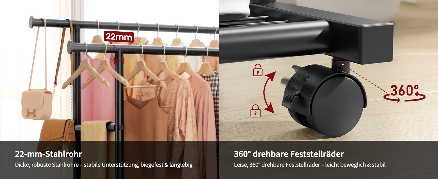 Стійка для одягу на колесах з подвійною перекладиною та сітчастим дном, 98 x 42 x 150 см, Чорний