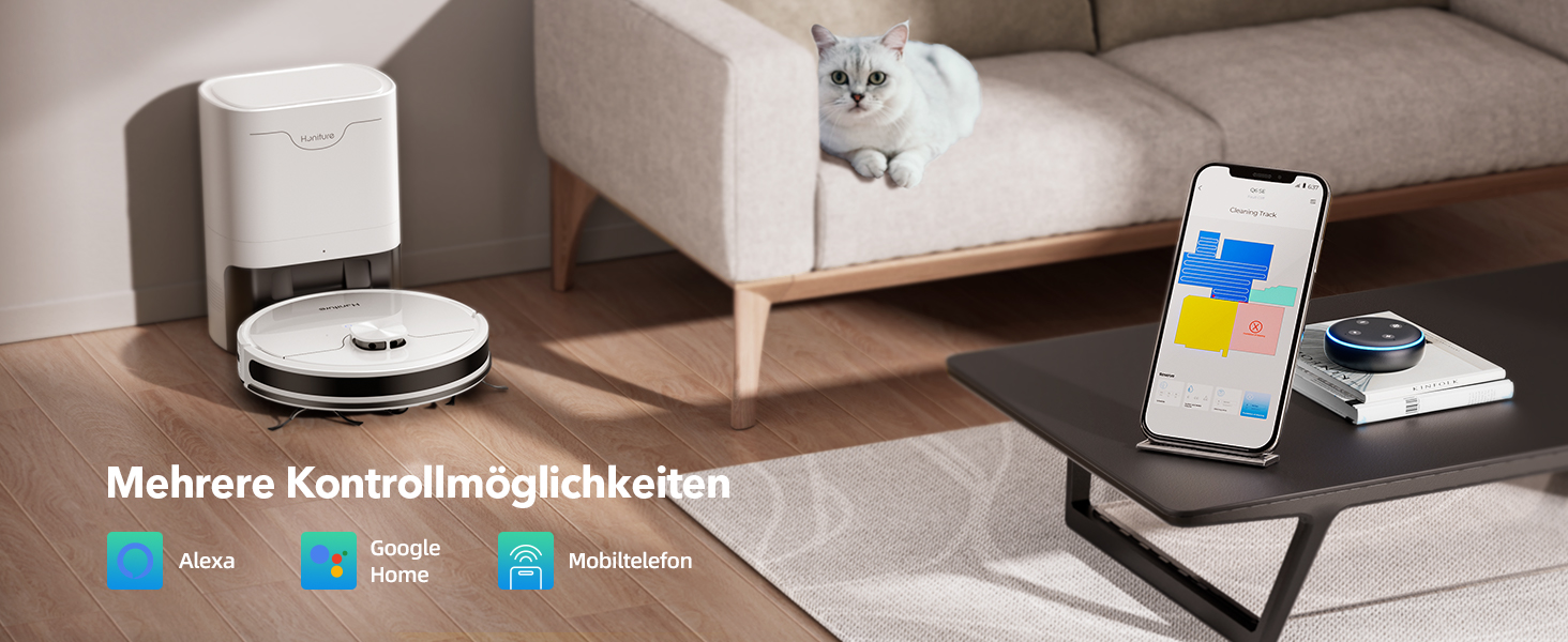 Робот-пилосос HONITURE Q6 SE з вологою тканиною, станція самостійного очищення, потужність 5000Pa, навігація LiDAR, мапірування, керування через додаток, сумісність з Alexa, для шерсті тварин та килимів, час роботи до 200 хвилин, білий