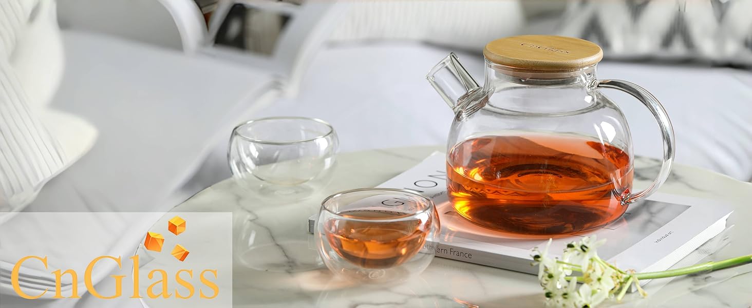 Скляна чайник CnGlass з ситечком 900мл, для листового чаю та квіткового заварювання, стійкий до плити