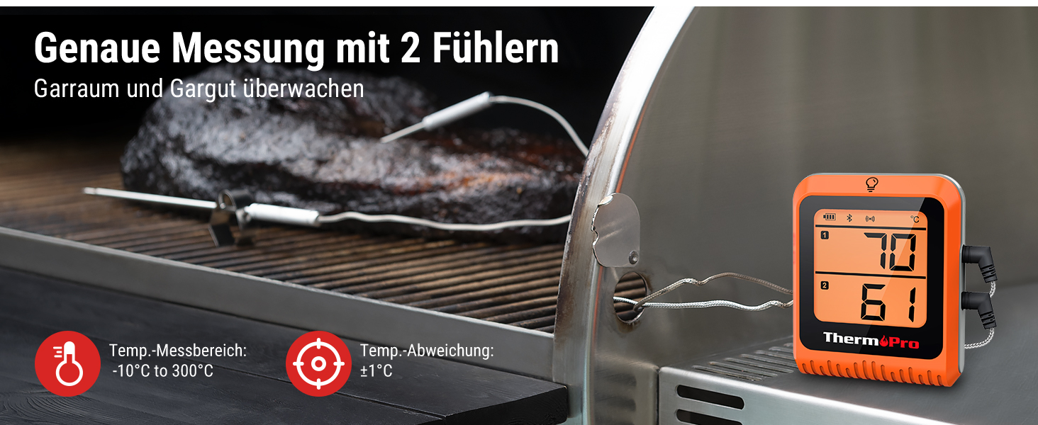 Кухонний термометр ThermoPro TP25H2 з Bluetooth, таймером і сигналом, 150 м – термометр для м'яса, гриля, духовки
