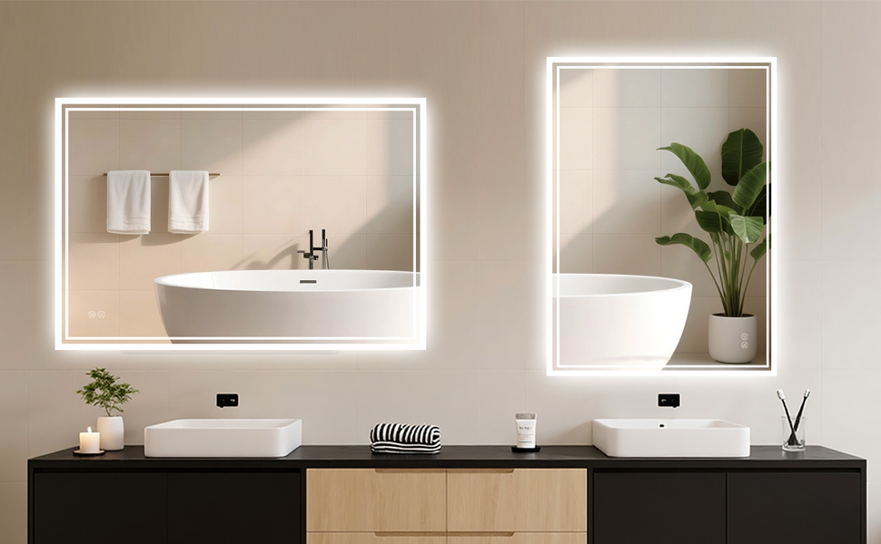 LED дзеркало для ванної кімнати з підсвічуванням 60 x 80 см – антизапар, 3 кольори, регулювання яскравості, подвійний сенсорний вимикач, функція збереження налаштувань при відключенні електроенергії, монтаж горизонтально/вертикально, квадратна форма.