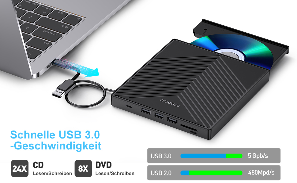 Зовнішній DVD-накопичувач ORIGBELIE з 4 USB та 2 TF/SD слотами, ультратонкий CD/DVD-привід (записувач та рідер) для ноутбука, PC, Mac, Windows 11/10/8/7, Linux