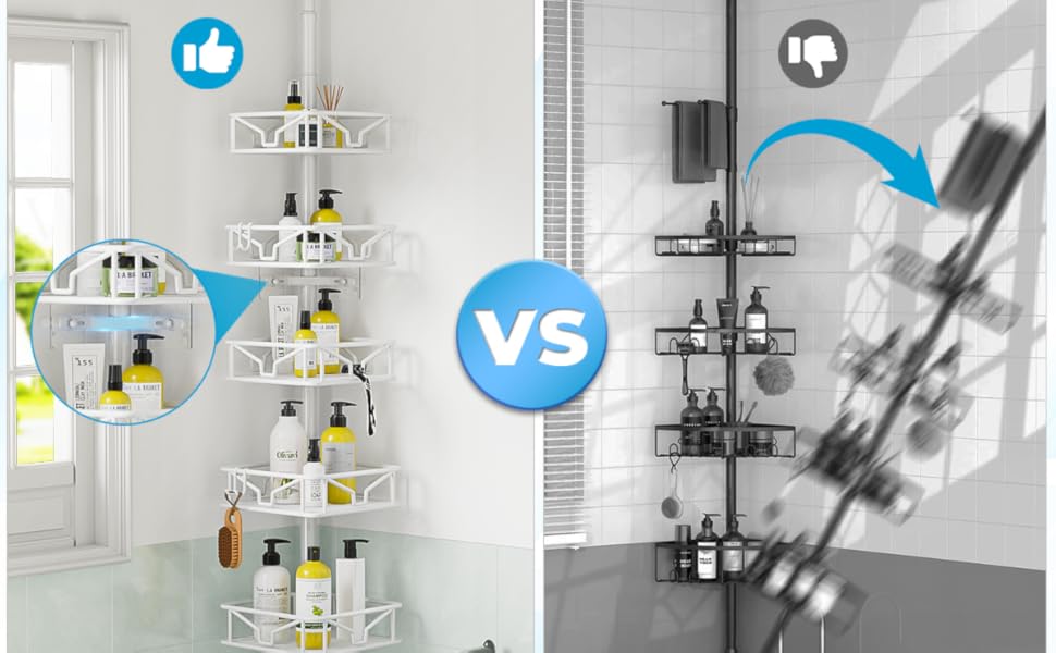 Кутовий телескопічний поличний органайзер для душу Bomclap з 5 кошиками, металевий, регульована висота 106-287 см, для ванни та душу, без свердління, білий