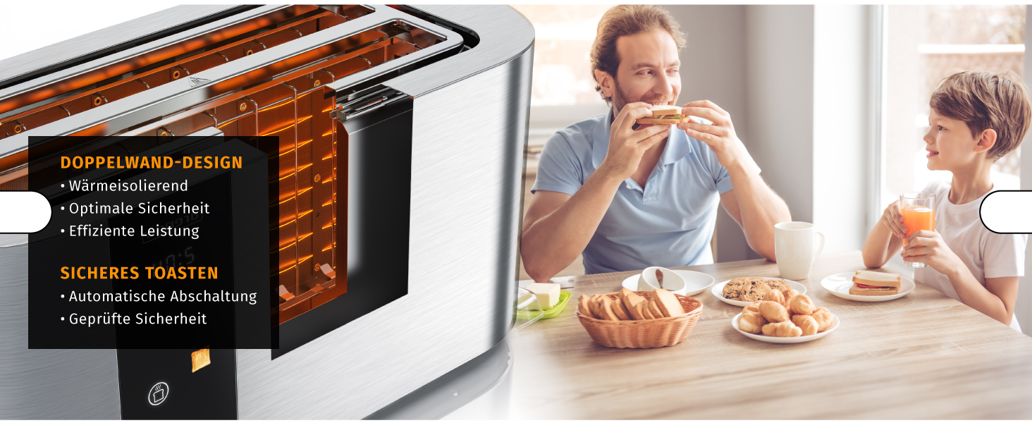 Тостер Arendo з нержавіючої сталі, 4 слоти, сенсорний екран, подвійні стінки, 1500 Вт, підставка для булочок, 6 ступенів підсмажування, центрування хліба, таймер, пам'ять, колір: сталевий