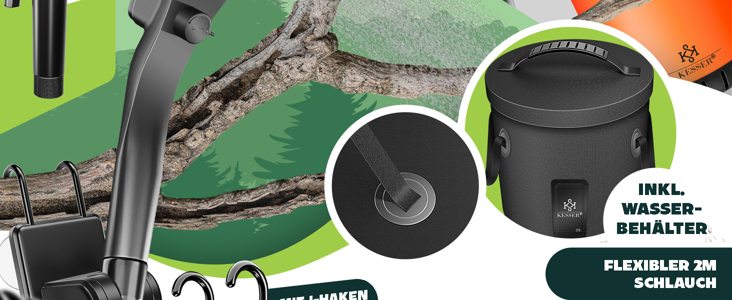 Сонячний душ KESSER® з насосом та акумулятором 8000mAh. Комплект для кемпінгу: 20л бак, регульована лійка, шланг 2м, пістолет-розпилювач, кріплення. Чорний колір.