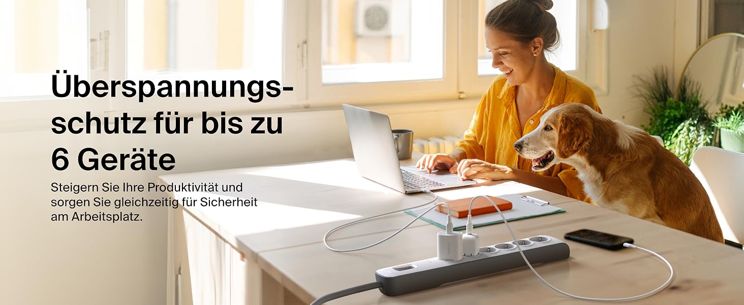 Захисна мережева стрічка Belkin 6-fach з USB, 6 розеток, 650 Дж, 2 м, для дому та офісу