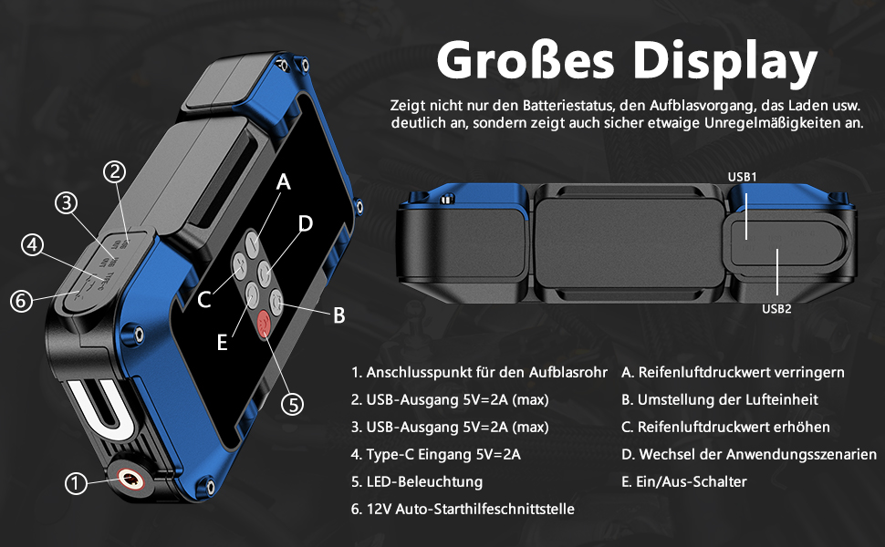 Powerbank Starthilfe 150PSI: портативний стартер для авто з компресором, 26800mAh, LED-ліхтар, LCD-дисплей