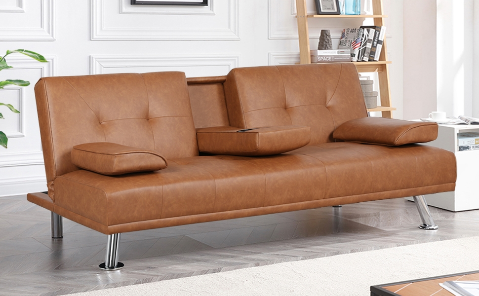 Yaheetech 3-Seater Convertible Sofa Bed with Cup Holders and Reclining Backrest