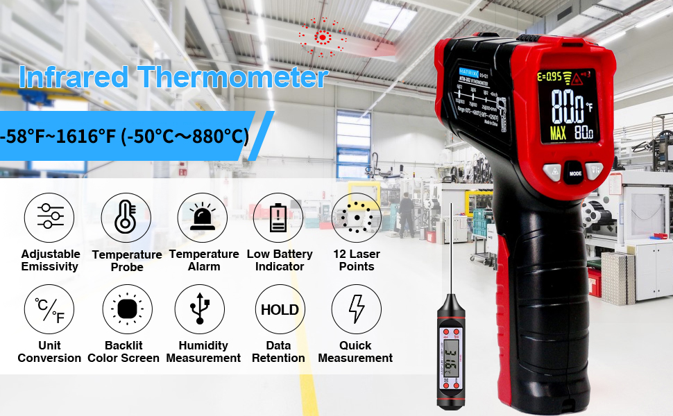 Інфрачервоний термометр лазерний цифровий -37°F~1022°F (–50°C～880°C) - Ідеально для приготування їжі, барбекю та холодильників