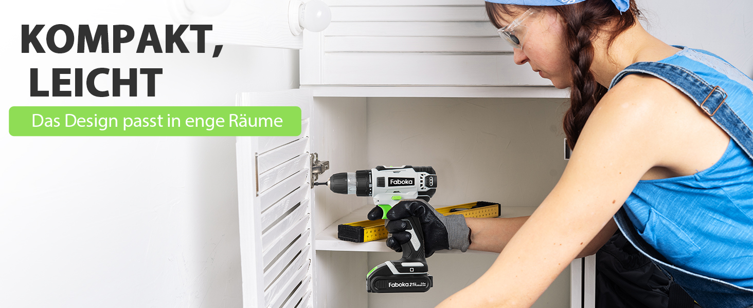 Faboka 21V акумуляторний шуруповерт, комплект з 2 акумуляторами 2.0Ah, 40Nm, 18+1 ступенів, 10мм патрон, регулювання швидкості, LED-підсвічування, для ремонту та DIY