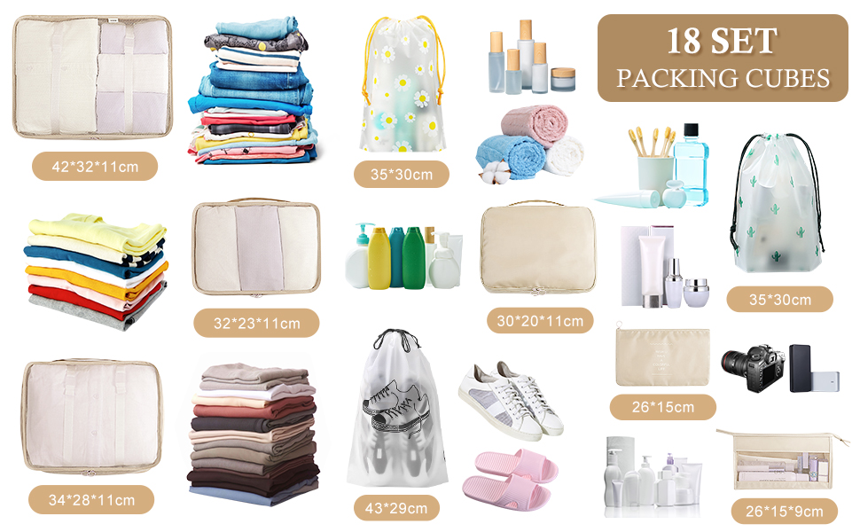 Набір органайзерів для валізи 18 шт., водонепроникні Packing Cubes, бежевий. Організатори для подорожей з чохлами для одягу