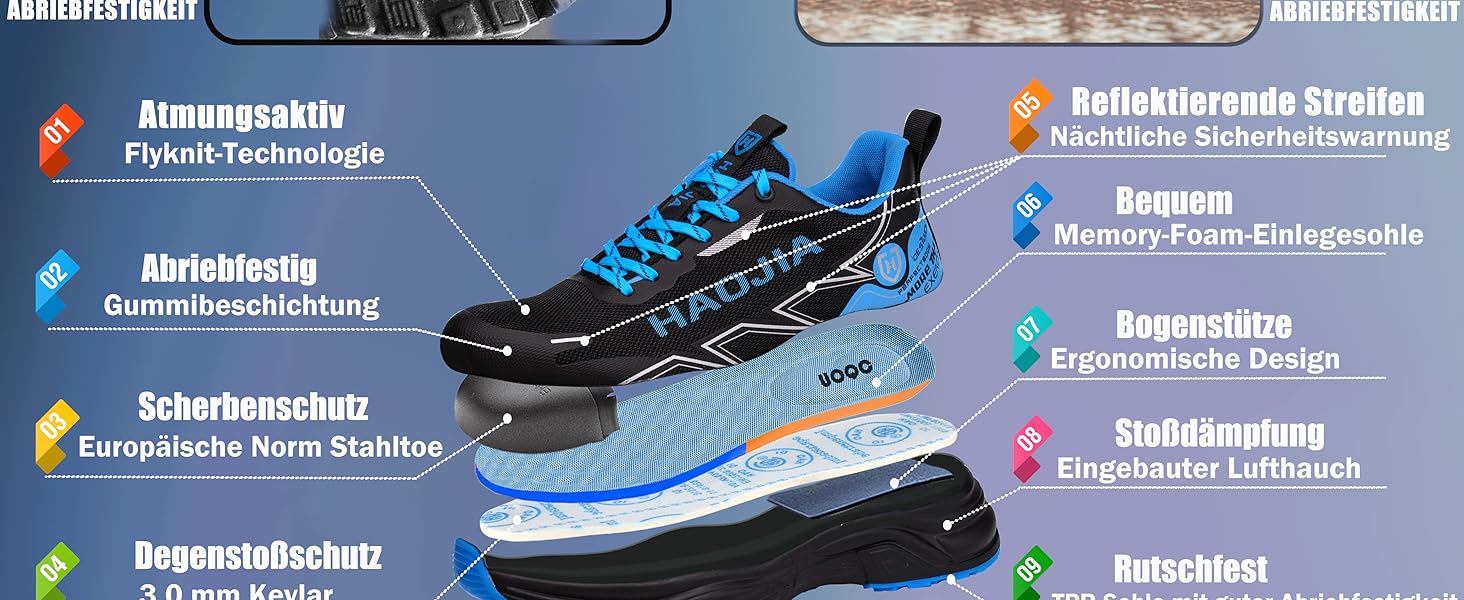 Черевики безпеки для чоловіків та жінок, робочі черевики, легкі, зручні, з металевим носком, дихаючі, антиковзаючі, для будівництва, майстерні, складу, саду, 43 EU, чорні