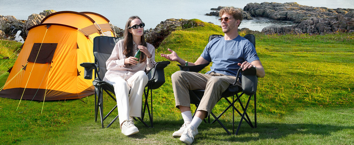 Розкладний стілець для кемпінгу RELAX FIELD 200KG з підстаканником та сумкою-холодильником, рибальський стілець, сірий (2 шт)