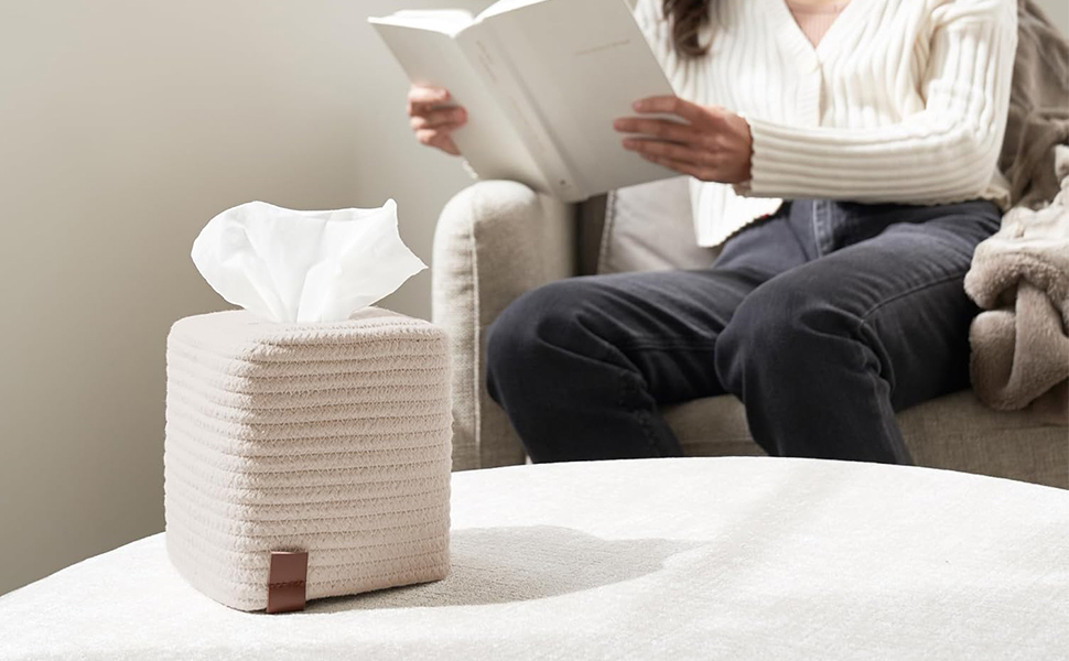 Стильна дерев'яна коробочка для серветок Rarapop – кубічна форма, бавовна, джут, білий колір, декор для ванної кімнати та офісу