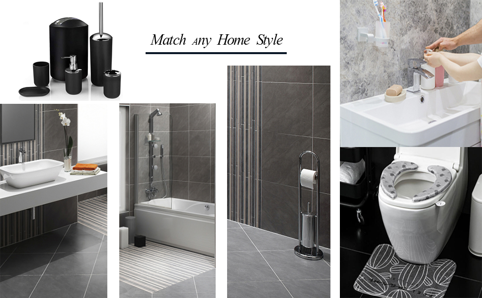 Набір аксесуарів для ванної кімнати Icegrey: 6 предметів, чорний (дозатор для рідкого мила, тримач для зубних щіток, стакан, мильниця, тримач для туалетного йоржика, сміттєвий контейнер)