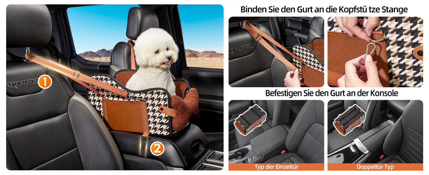 Автокрісло для собак та котів GGW | Безпечне автокрісло для маленьких собак та котів, водонепроникне, з бічними кишенями та швидкою установкою (сумісне з 99% підлокітників) (Колір: Коричневий, Стиль: Класичний)