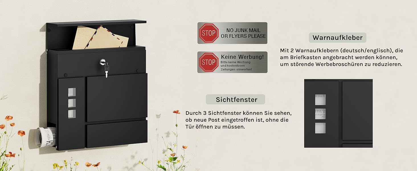 Поштова скринька WOLTU XXL з газетницею, оглядовим вікном та замком, антрацит (чорний) - 10,5 x 37 x 37 см