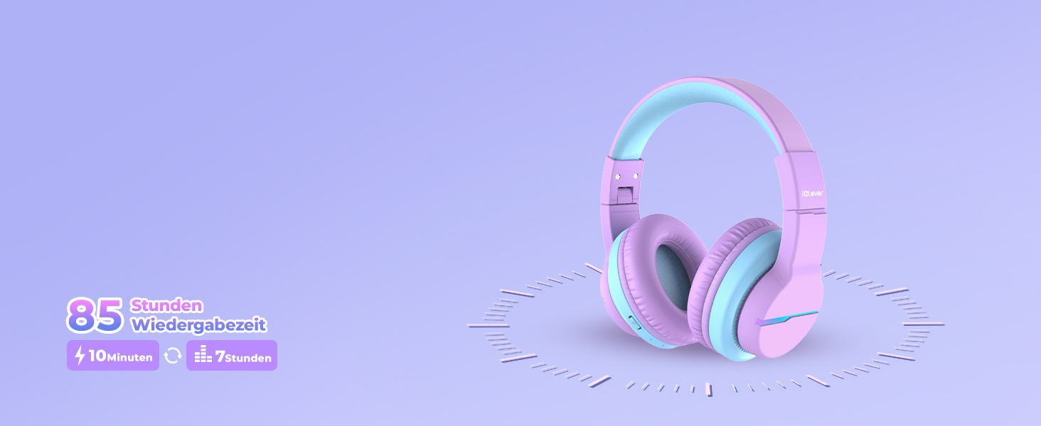 iClever Бездротові навушники для дітей з LED-підсвічуванням, Over-Ear, Bluetooth 5.2, мікрофон, BTH12, фіолетовий