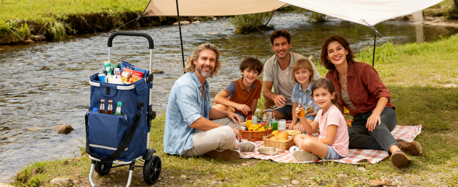 Складаний візок для покупок Sekey 60L з кулерним та відділенням для напоїв, 3-в-1, з регульованою ручкою, для покупок та кемпінгу, чорний