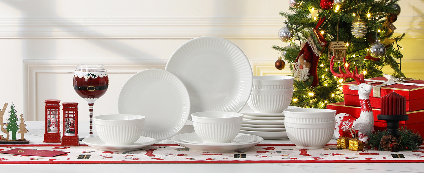 Набір посуду Malacasa Leila для 6 осіб, 24-елементний сервіз з порцеляни з ручним рельєфним дизайном, білий. Підходить для мікрохвильової печі та мийки посуду.