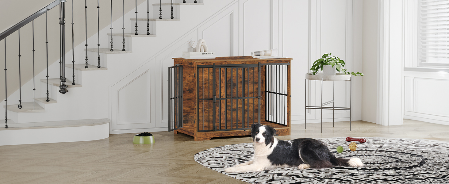 Клітка для собак Hzuaneri, 110 см, 2 двері, сучасний дизайн, для собак малих, середніх та великих порід (до 100 кг), з функцією приліжкового столика, посилена ковзна дверцята, 65 × 110 × 81 см, колір Vintage Brown, DFC84401B