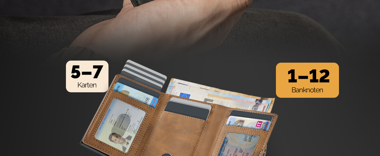 Чоловічий тонкий гаманець Portmonee з захистом RFID, Smart гаманець для карток та грошей, компактний Air Tag гаманець для 12 карт та 2 посвідчення, гаманець з висувним механізмом та відділенням для монет, A002 - Чорний карбон