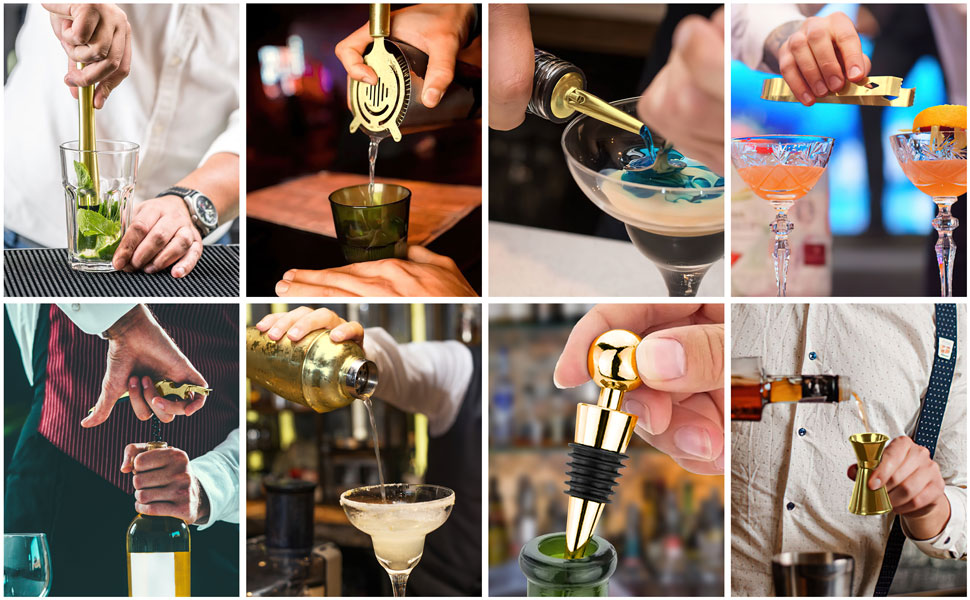 Набір шейкер для коктейлів Esmula 750 мл, 12 предметів, нержавіюча сталь, барменський аксесуар, подарунок для чоловіків та жінок, з книгою рецептів (Золотий)