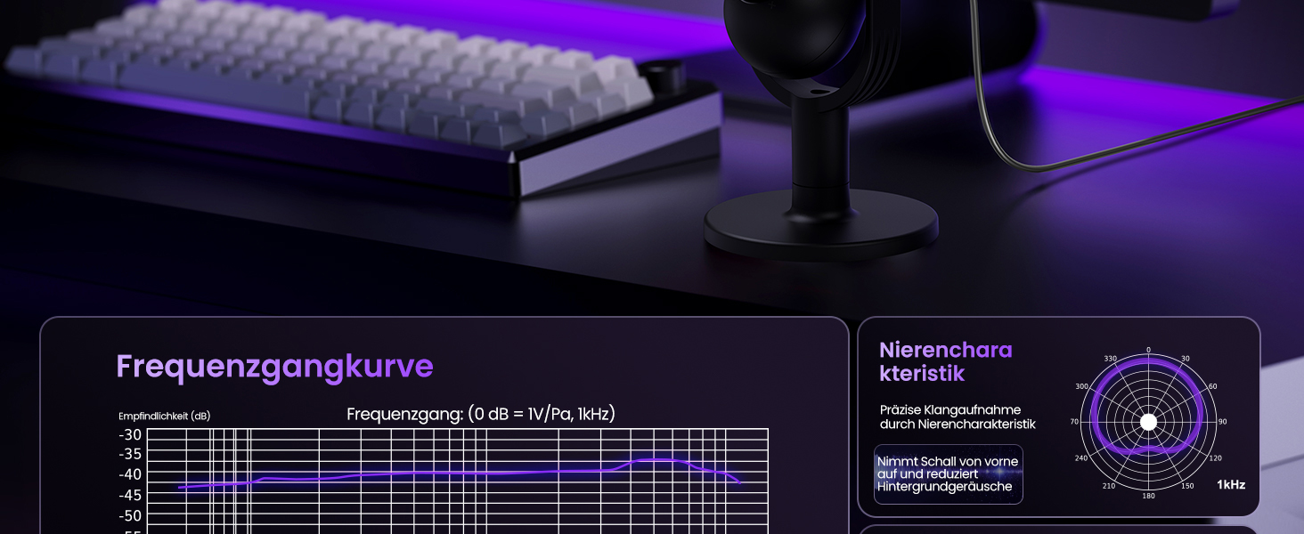 USB Мікрофон для ПК, Gaming RGB Zubehör PS4/PS5: Студійний мікрофон з регулюванням гучності, ехо та кнопкою вимкнення звуку для YouTube, Streaming, Подкастів, Windows/Mac