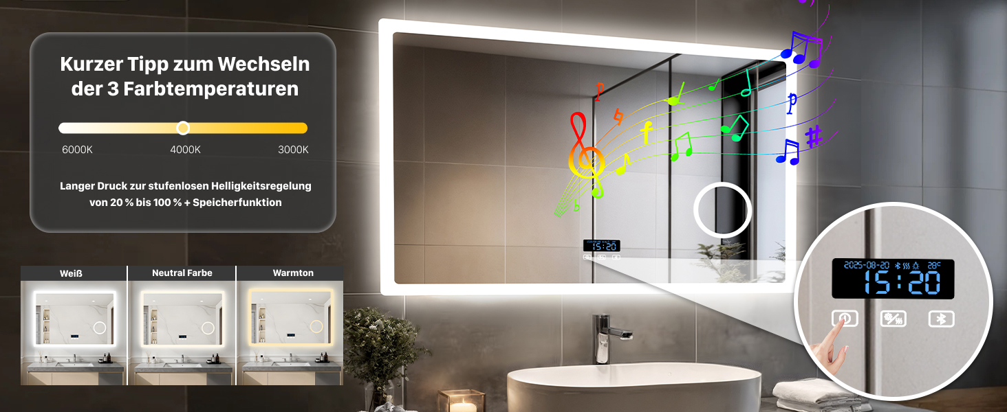 Дзеркало для ванної кімнати LUVODI з підсвічуванням 100x70 см: годинник, температура, дата, проти запотівання, регулювання яскравості, 3 кольори світла, функція пам'яті, LED, Bluetooth, збільшення 3x