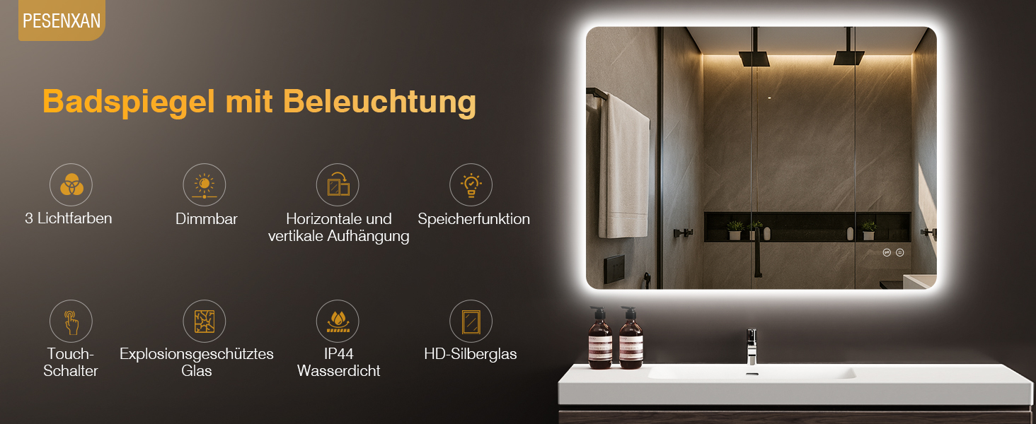 Дзеркало для ванної кімнати з підсвічуванням LED, 100x60 см, 3 кольори світла, диммування, пам'ять, сенсорне керування, IP44, вологостійке