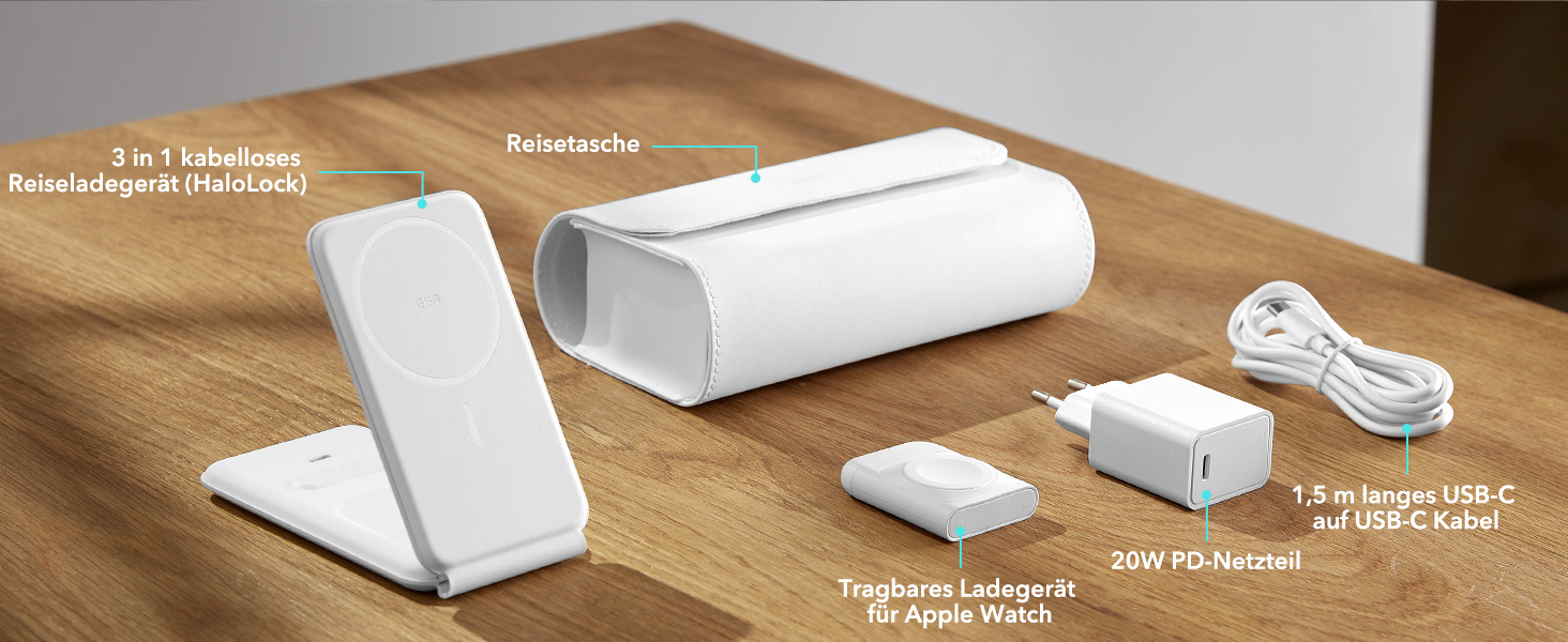 Зарядний станція ESR 3-в-1 для Apple Watch та iPhone з MagSafe, складана, сумісна з iPhone 17/16/15/14/13/12, Apple Watch 9/8/7/SE, AirPods Pro/3/2