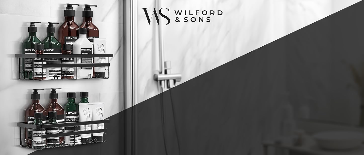 Настінна поличка для душу без свердління - 2 шт. | Дзеркальна | Чорна | Набір для зберігання в ванній кімнаті, органайзер для шампуню, душовий кошик