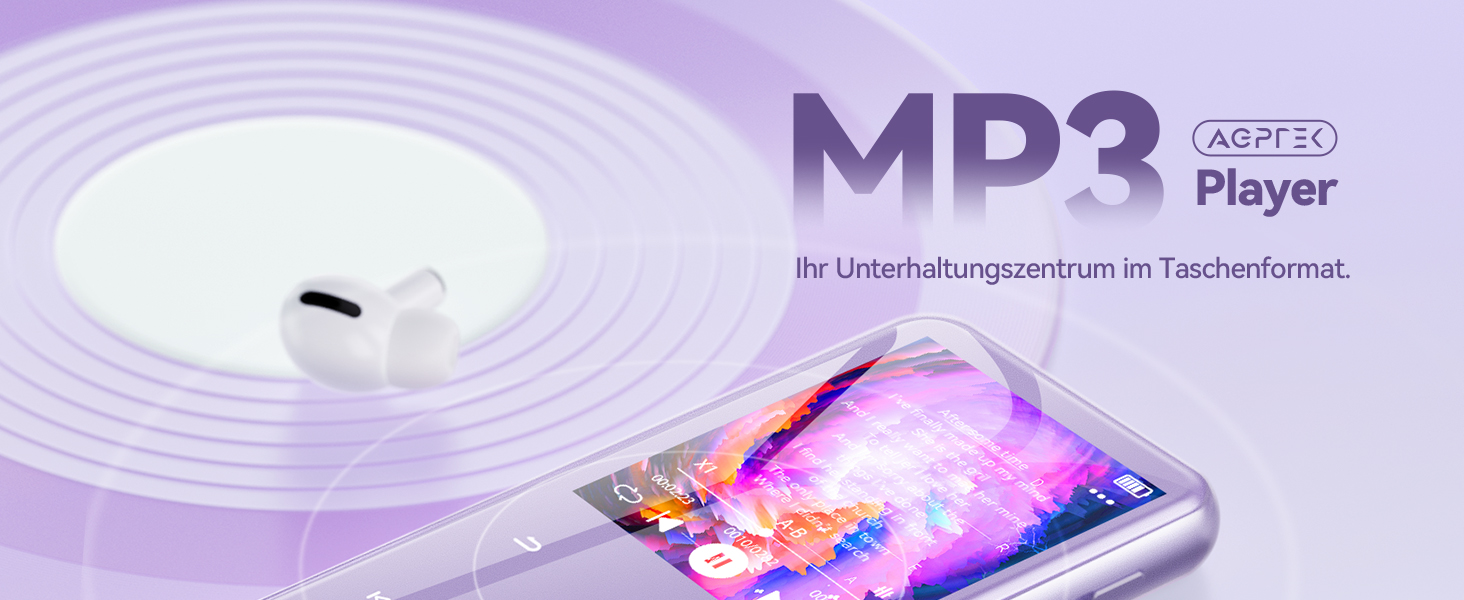 MP3 плеєр AGPTEK 64GB з Bluetooth 5.3, TFT-дисплеєм, FM-радіо та підтримкою до 128GB, фіолетовий