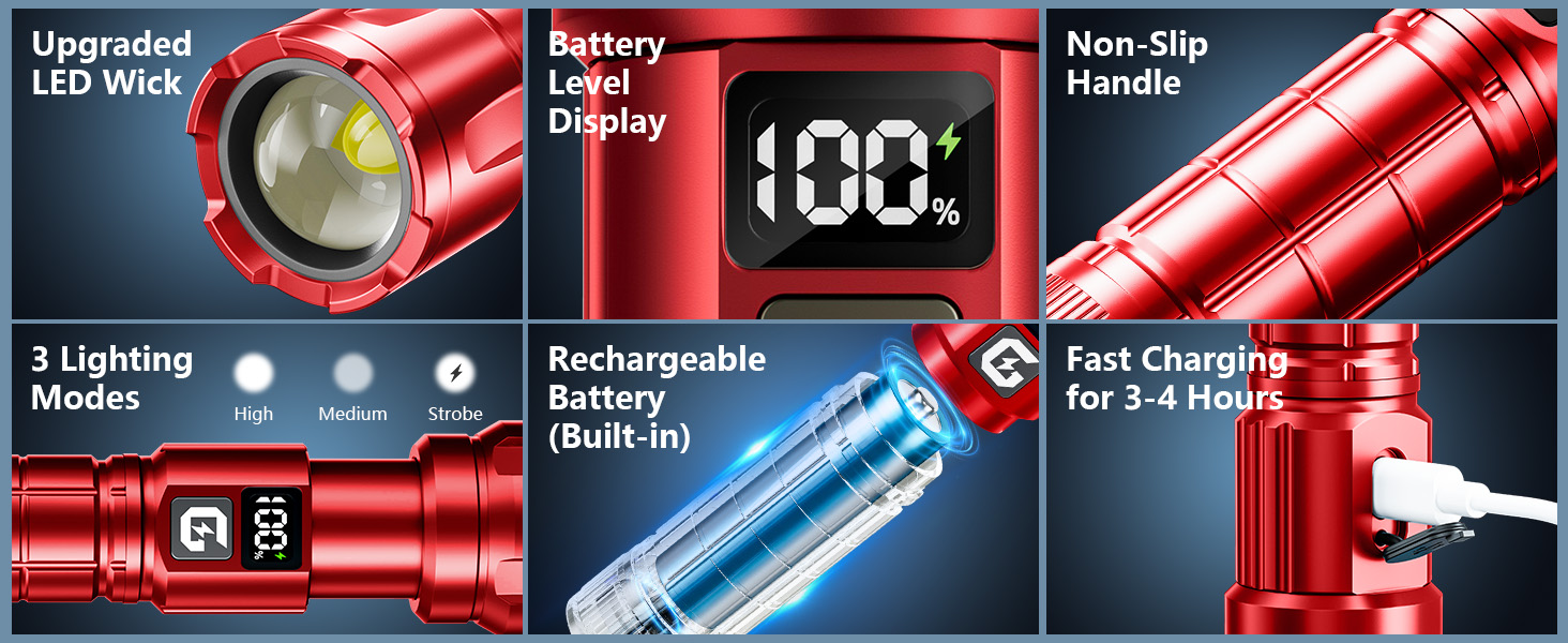 LED ліхтарик Gearlite, 6000 люмен, тактичний, з регулюванням фокусу, 3 режими, водонепроникний IP65, для кемпінгу, риболовлі, туризму, надзвичайних ситуацій (червоний, 1 шт.)