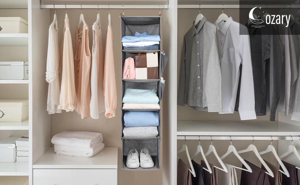 Органайзер для шафи Cozary з 5 відділеннями, складаний, з металевими гачками - сірий