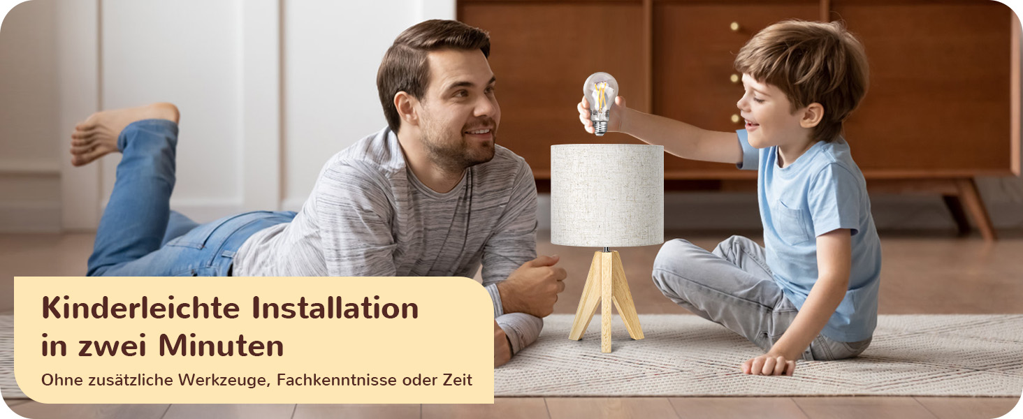 Настільна лампа EDISHINE з дерева, Е27, вінтажний стиль, бежевий абажур з льону, для спальні та вітальні