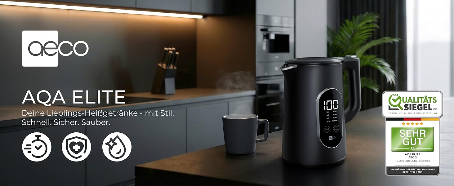 Електричний чайник Aeco AQA NEO з нержавіючої сталі, 1.7 л, 2150 Вт, без BPA, фільтр від накипу, бездротовий, CoolTouch, шампань срібло (Aqa Elite (чорний матовий))