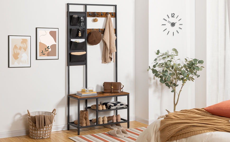 HOOBRO Coat Rack, Wardrobe, Clothes Rack with 6 Pockets and 9 Hooks, Shoe Shelf with Seating, Bench, Ample Storage Space, for Entryway, Living Room, Vintage Brown-Black EBF24MT01