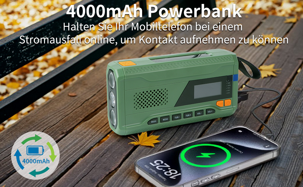 Радіо Alika для надзвичайних ситуацій: радіо з ручним приводом, FM/DAB+/DAB, сонячне, з Powerbank 4000mAh, зарядкою для телефону, USB, SOS-сигналом, ліхтарик (3 режими), для відпочинку на природі, кемпінгу (армійний колір)