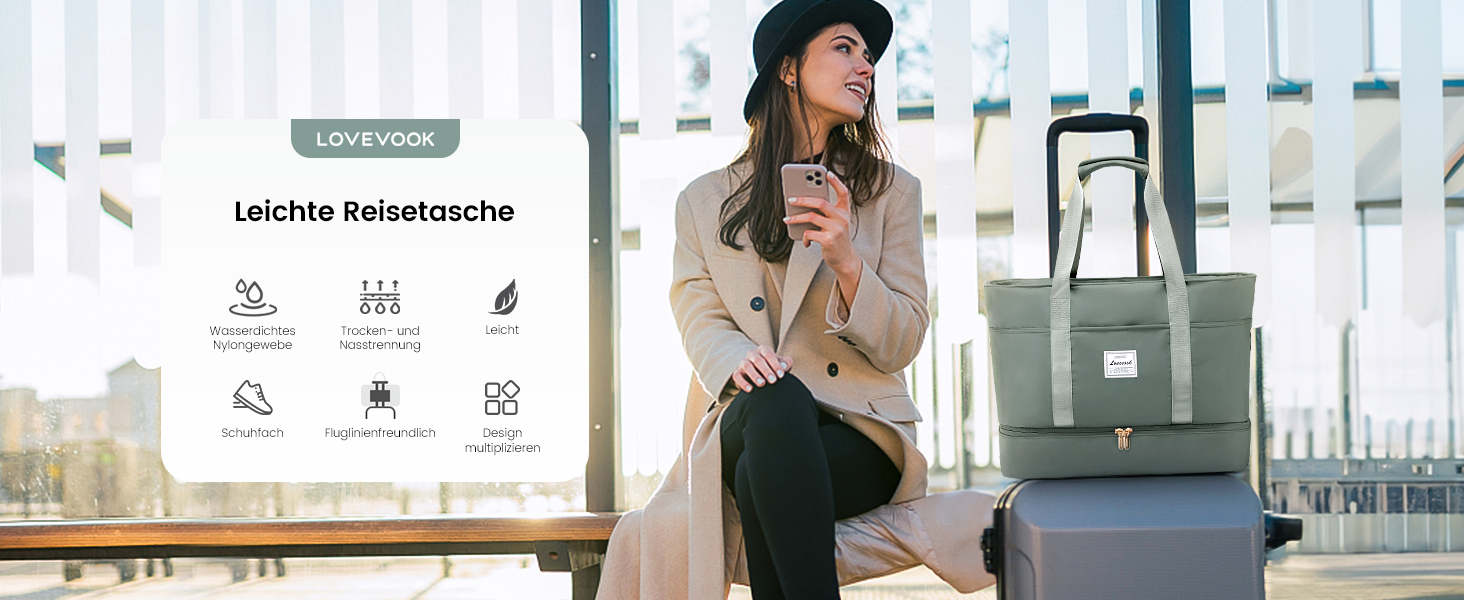 Сумка-валіза LOVEVOOK для жінок, водонепроникна, 42L, зелено-бежева. Ідеальна для подорожей, спортзалу, пологів та Ryanair. Має відділення для взуття та клінічна сумка.