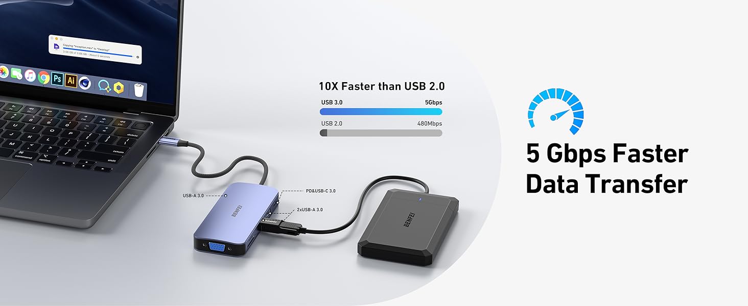 Док-станція BENFEI USB-C MST Hub - 11 в 1: 2HDMI 4K, VGA, 3 x USB 3.0, SD/TF, Ethernet, PD 100W, 3.5mm Aux для MacBook, XPS, Surface (Сірий)