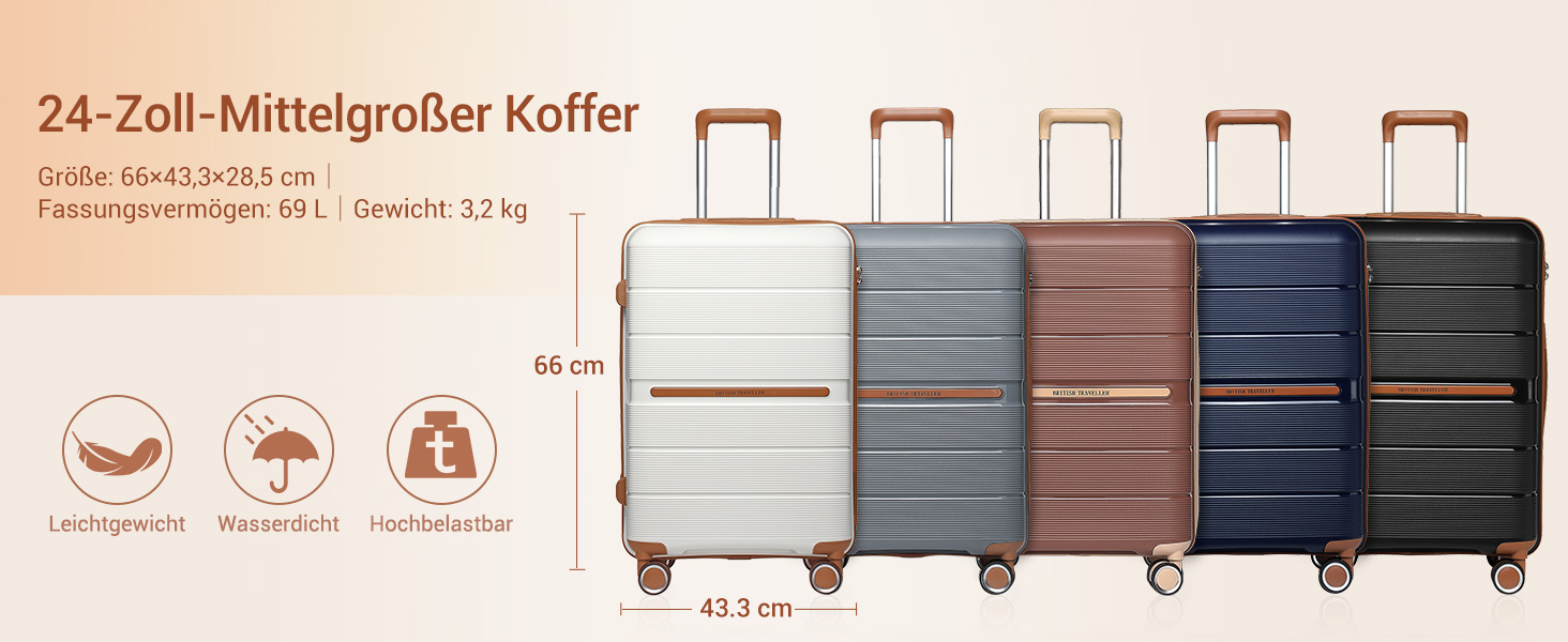 Чемодан British Traveller Mittelgroß: міцний валіза на 8 коліщатках з TSA-замком, 66 x 43.3 x 28.5 см, бежевий