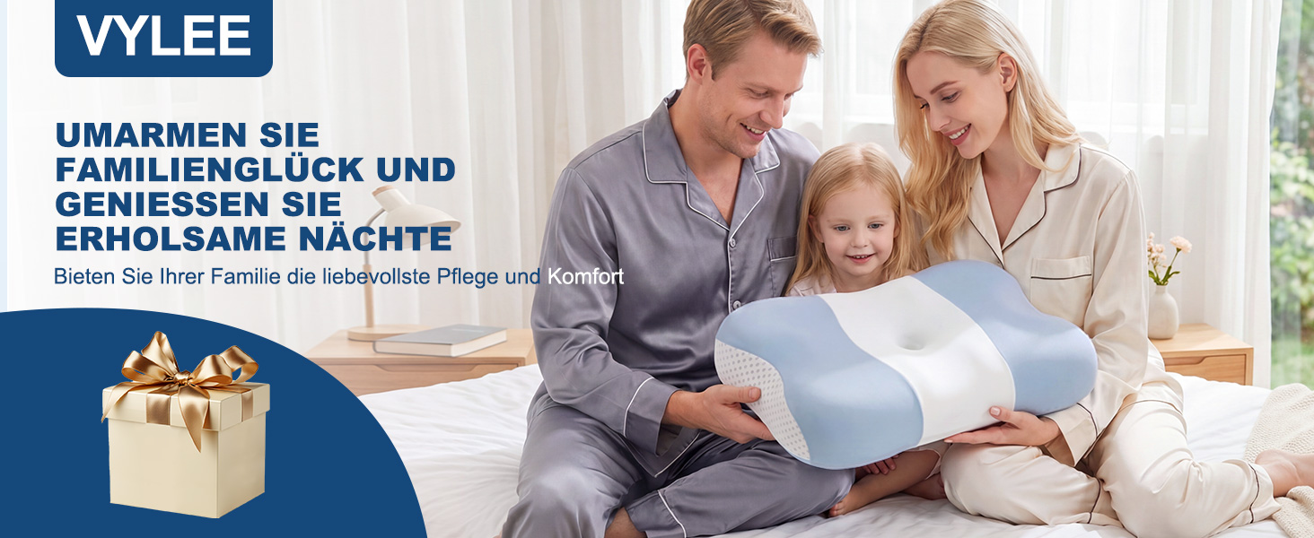 Ергономічна подушка для шиї VYLEE з ефектом пам'яті (Memory Foam), форма-метелик для сну на боці, спині та животі, 55.5 x 31 см, синьо-біла