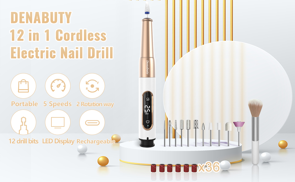 Електричний фрезер для нігтів Denabuty DN-2502Z (Golden) - 12 в 1, 25000 об/хв, USB, 5 швидкостей, манікюр/педикюр