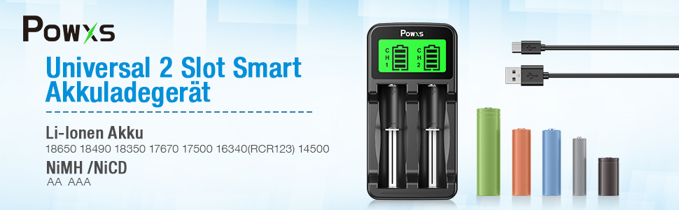 Зарядний пристрій POWXS для акумуляторів 18650 з LCD-дисплеєм та тестуванням, сумісний з Li-Ion, IMR, NI-MH, NI-Cd AA AAA C 26650 21700 10440 RCR123 (2 слоти)