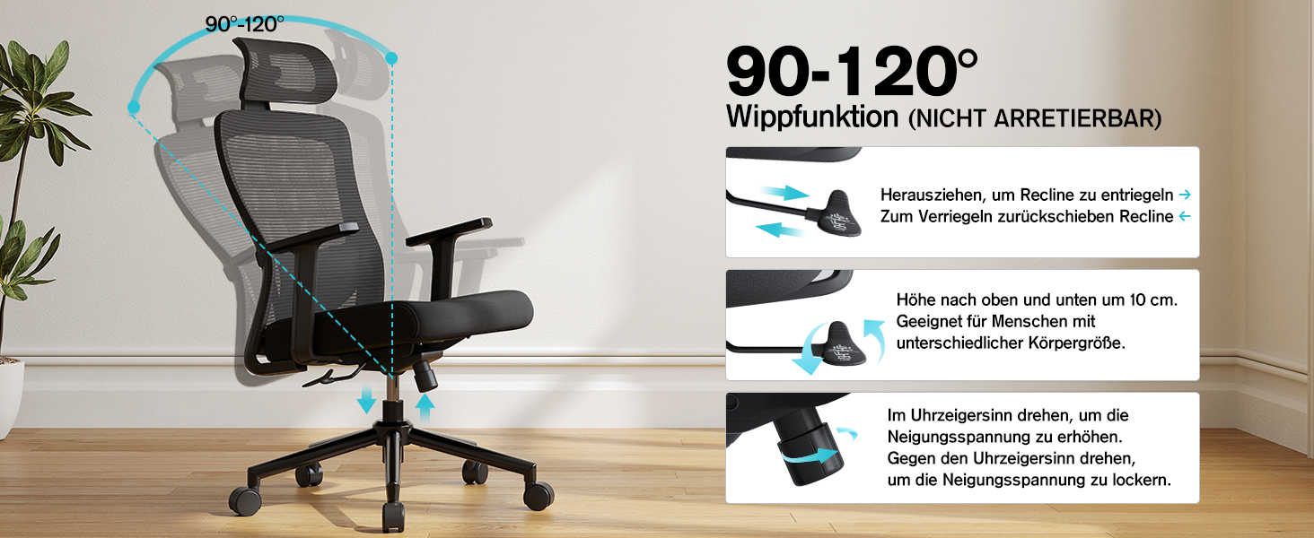 Ергономічне крісло для офісу з регульованою поперековою підтримкою, 2D підголівником та підлокітниками, поворотне, до 150 кг, чорний колір, нейлон