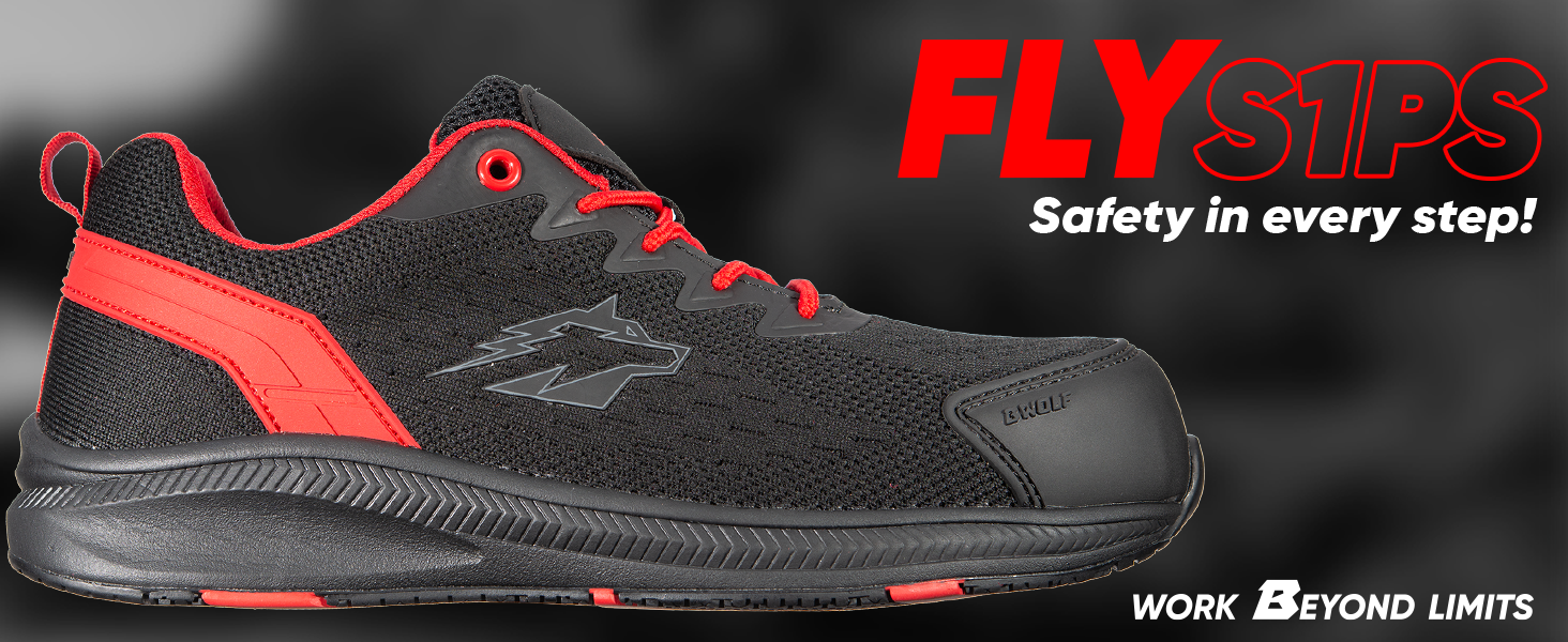 Робочі черевики BWOLF Fly S1PS: безпека, комфорт, ESD, Kevlar, захист від проколів, протиковзаюча EVA підошва, чорно-червоні