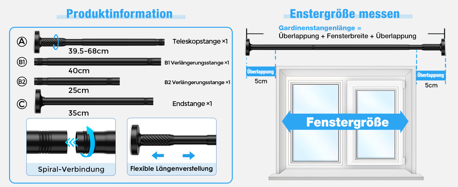 Штанга для штор без свердління AIZESI 100-230 см, Ø 25 мм, телескопічна - для вікон, душу, балкону (чорний)