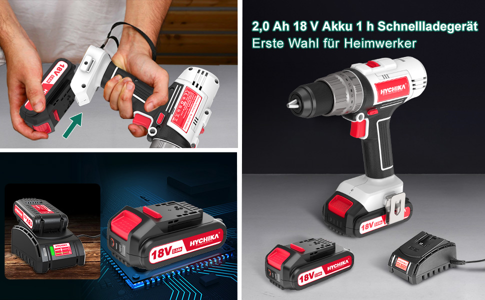 Акумуляторний шуруповерт HYCHIKA 18V, 45 Nm, 2.0 Ah, 21+3 ступені, 2 швидкості, з набором аксесуарів