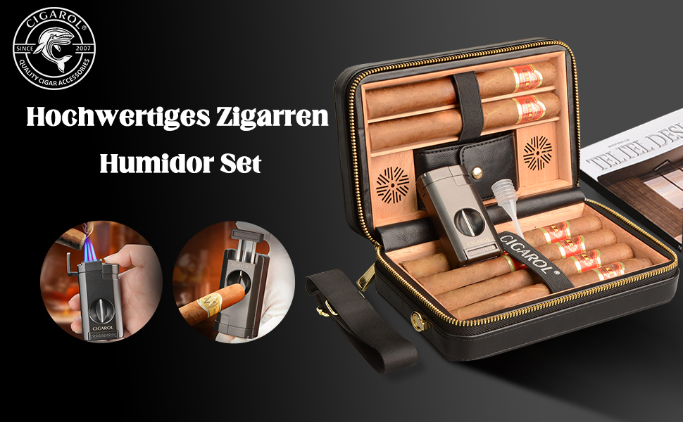 Чохол для сигар, переносний шкіряний гумодор, з запальничкою, вміщує до 6 сигар, чудовий подарунок для чоловіків (без сигар), чорний